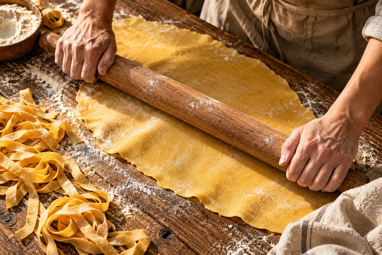 Immagine dimostrativa generata: mani che stendono una sfoglia su un tavolo di legno.